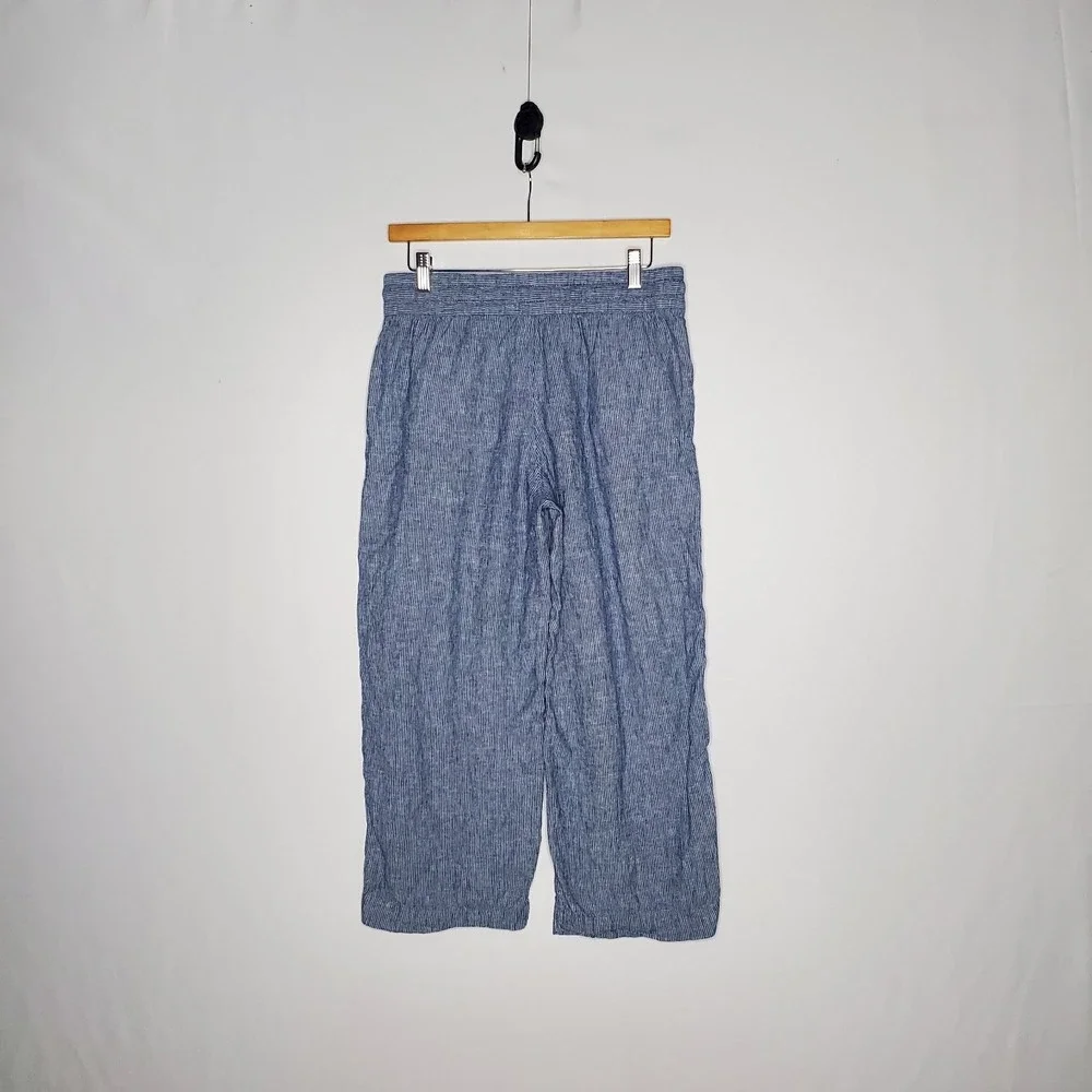 H&M Linen Cotton Crop Pants Women 6 Blue Drawstring Coastal Beachy Minimal